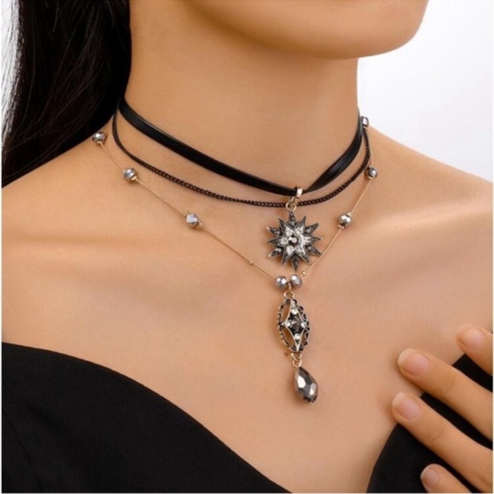 Dark Romance Vamp Academia Layered Faux Suede Gold Diamond Beaded Choker